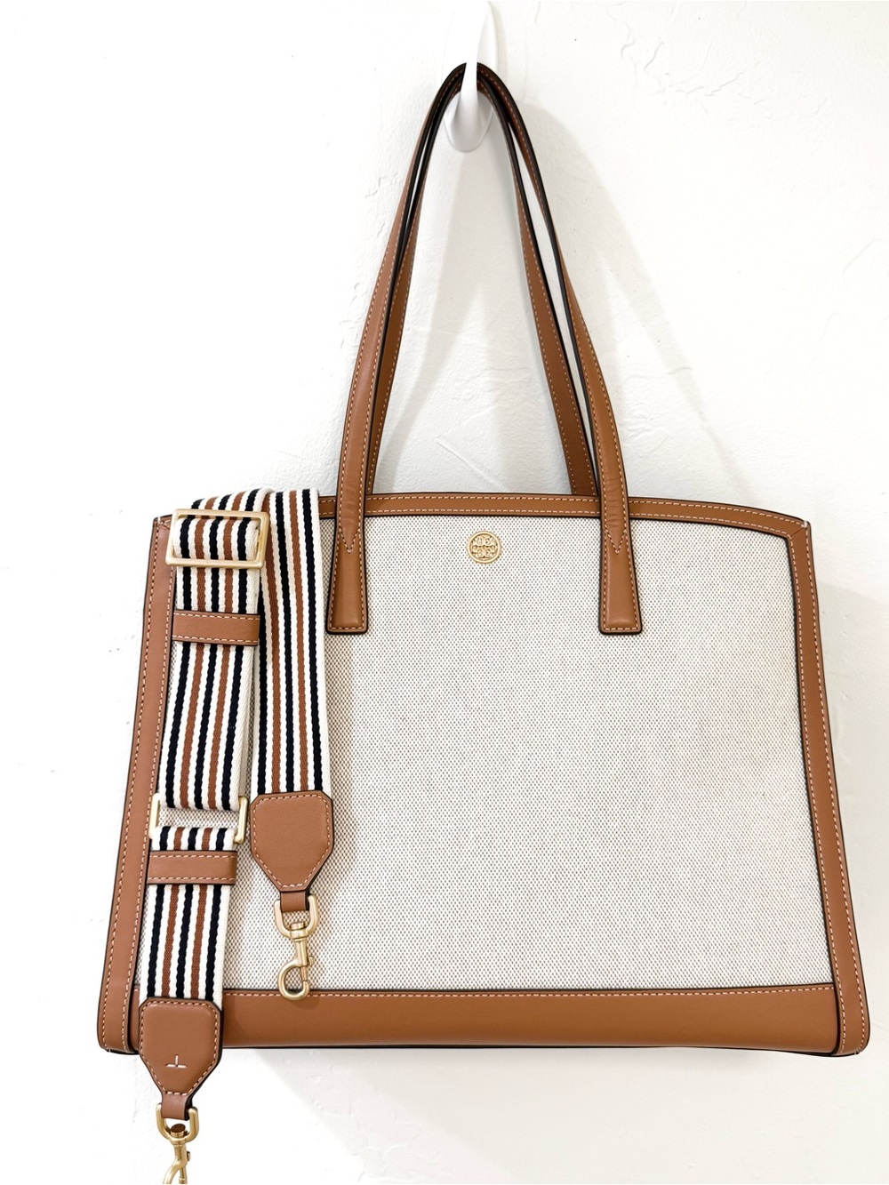 Tory Burch Full Sized Walker Canvas Satchel. Leather Trim & Extra Strap